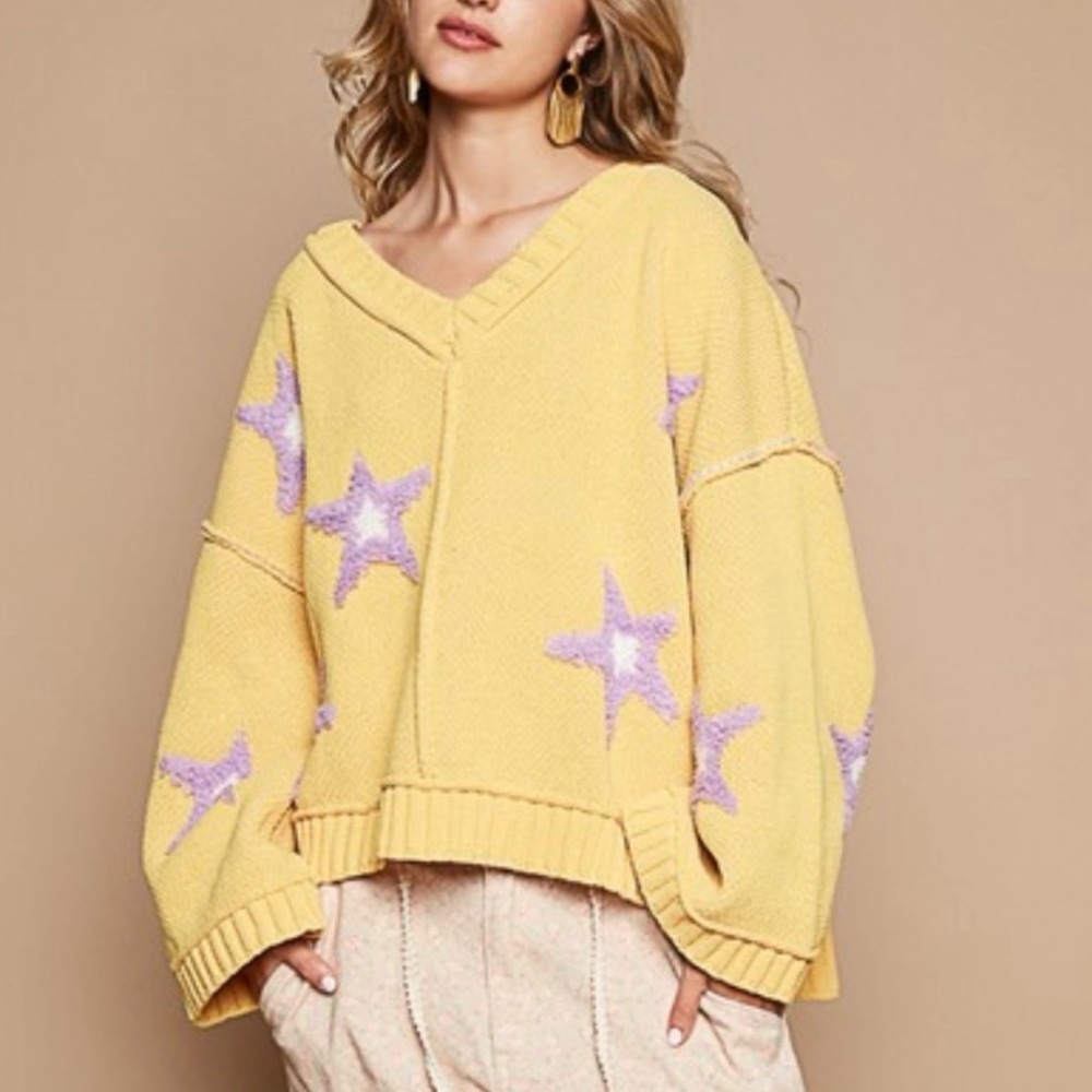 NEW POL Oversized Yellow Star Sweater Front/Back Size Small